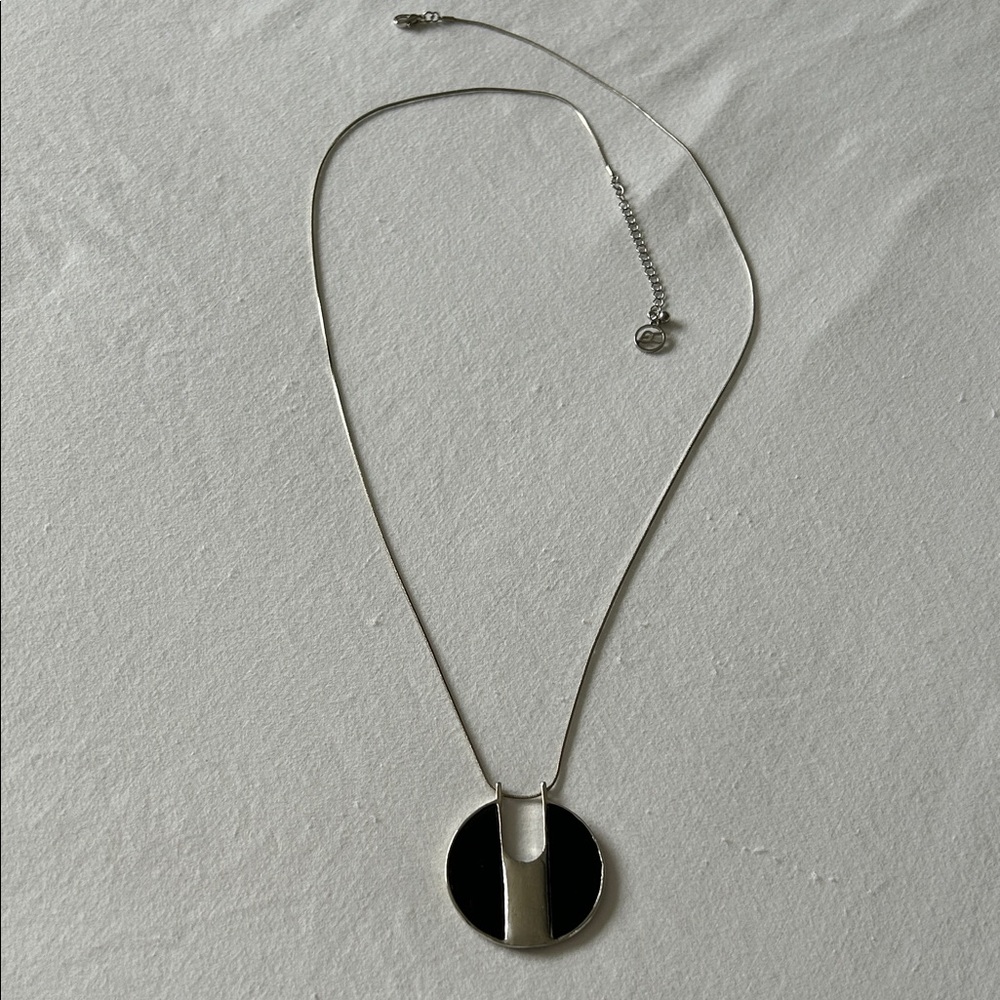 Silver-Tone Black Enamel Disc Pendant Necklace
